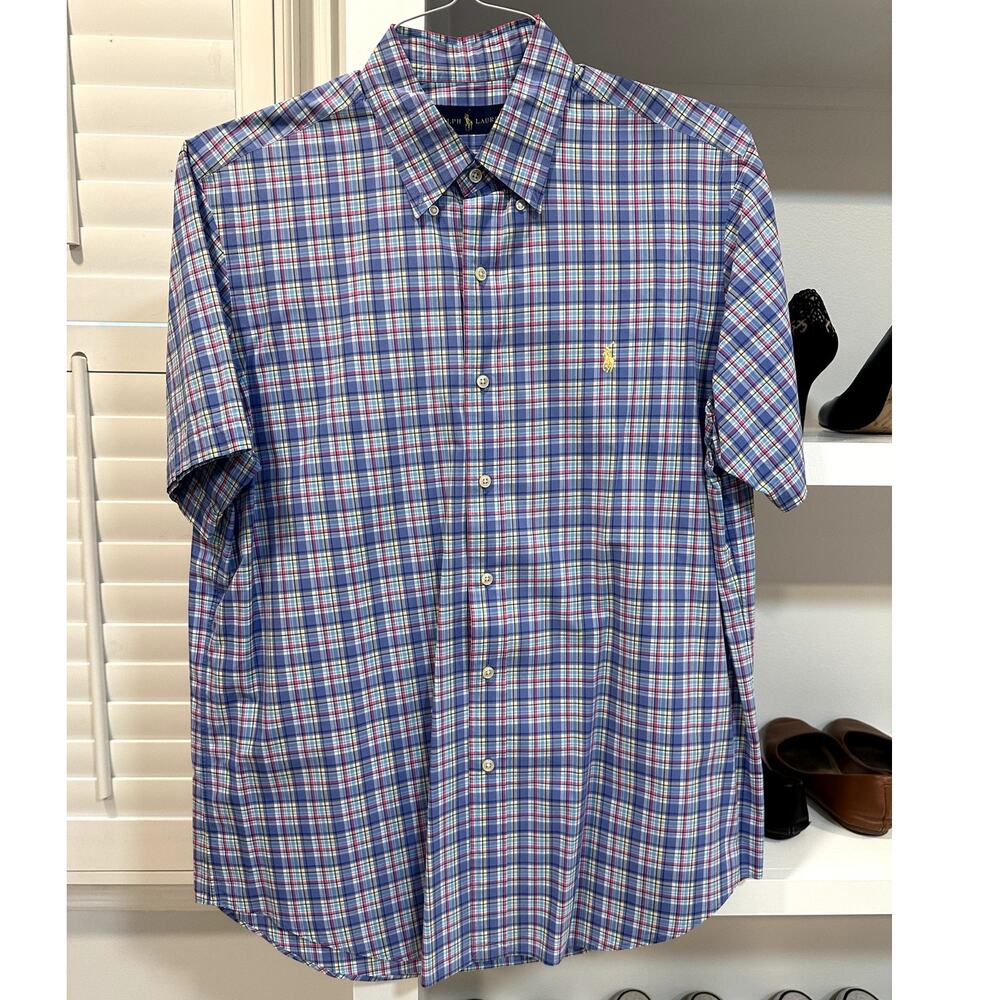 Ralph Lauren VTG Short Sleeve Blue Multi Plaid Button Down 100% Cotton Shirt L